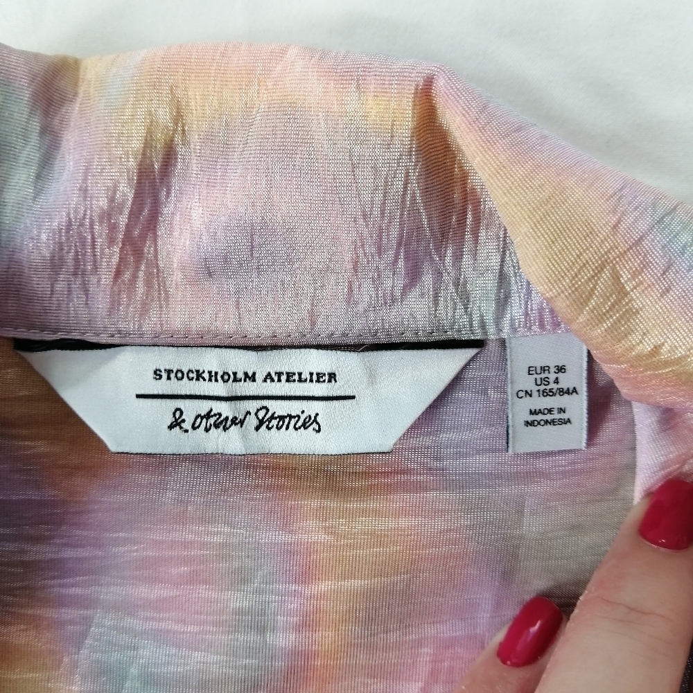 & Other Stories Boxy Short Sleeve Button Blouse Crinkle Pink Orange Blue Size 4 - Picture 10 of 14